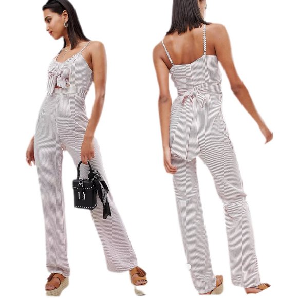 Pretty Little Thing - Red & White - Striped Bow Front Jumpsuit - NWT - Picture 3 of 7